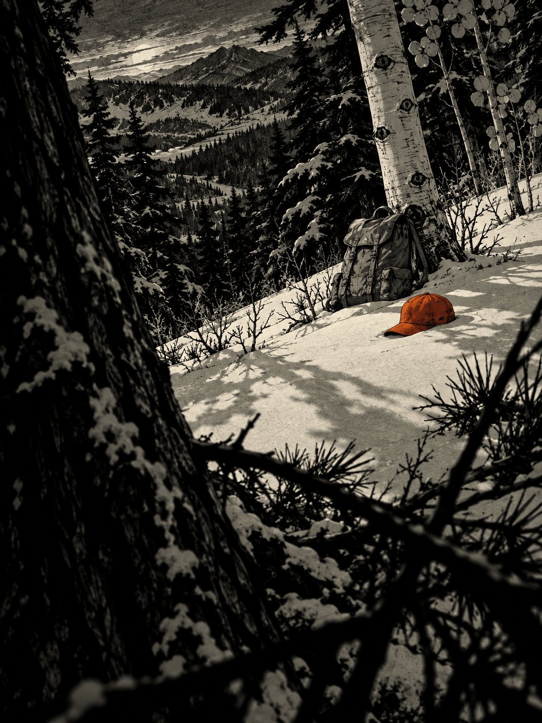A snowy aspen slope at Summit Park with a hunter's backpack against a tree and an orange cap in the snow