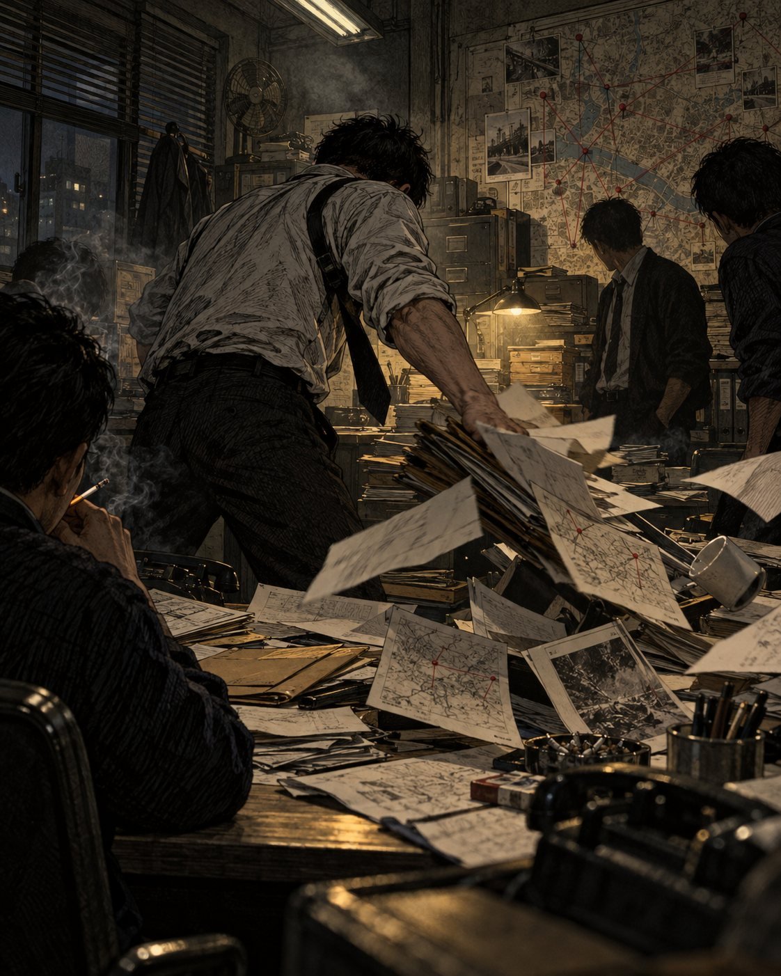 An exhausted detective sweeps files off a desk in a smoky 1980s police task force room