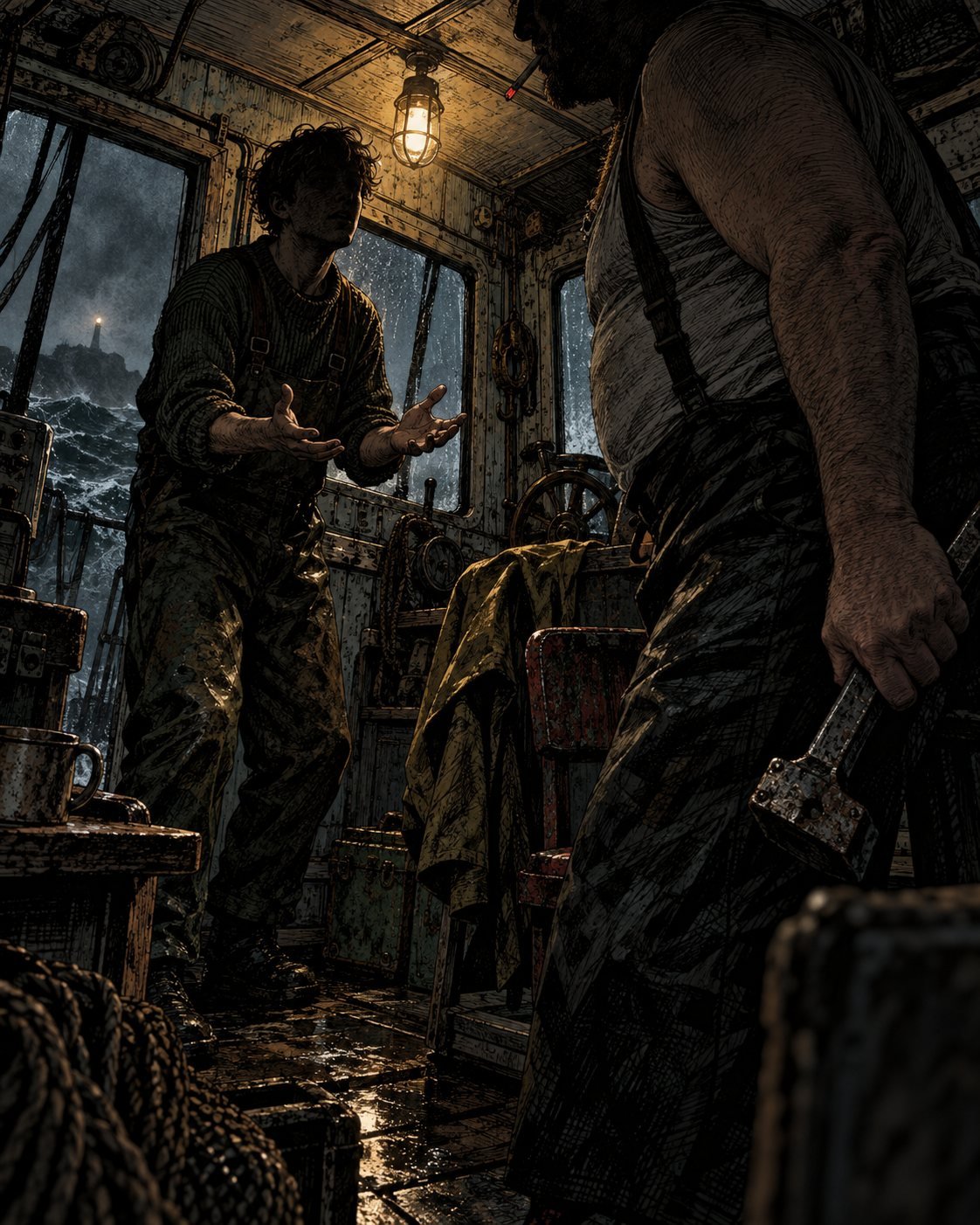 A young fisherman pleads with open hands in a ship's cabin as the captain stands holding a heavy tool