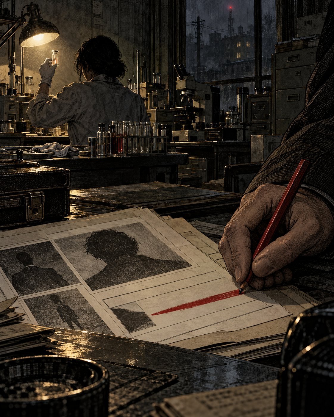 A detective crosses a name off a suspect list with a red pencil while a lab technician examines a sample