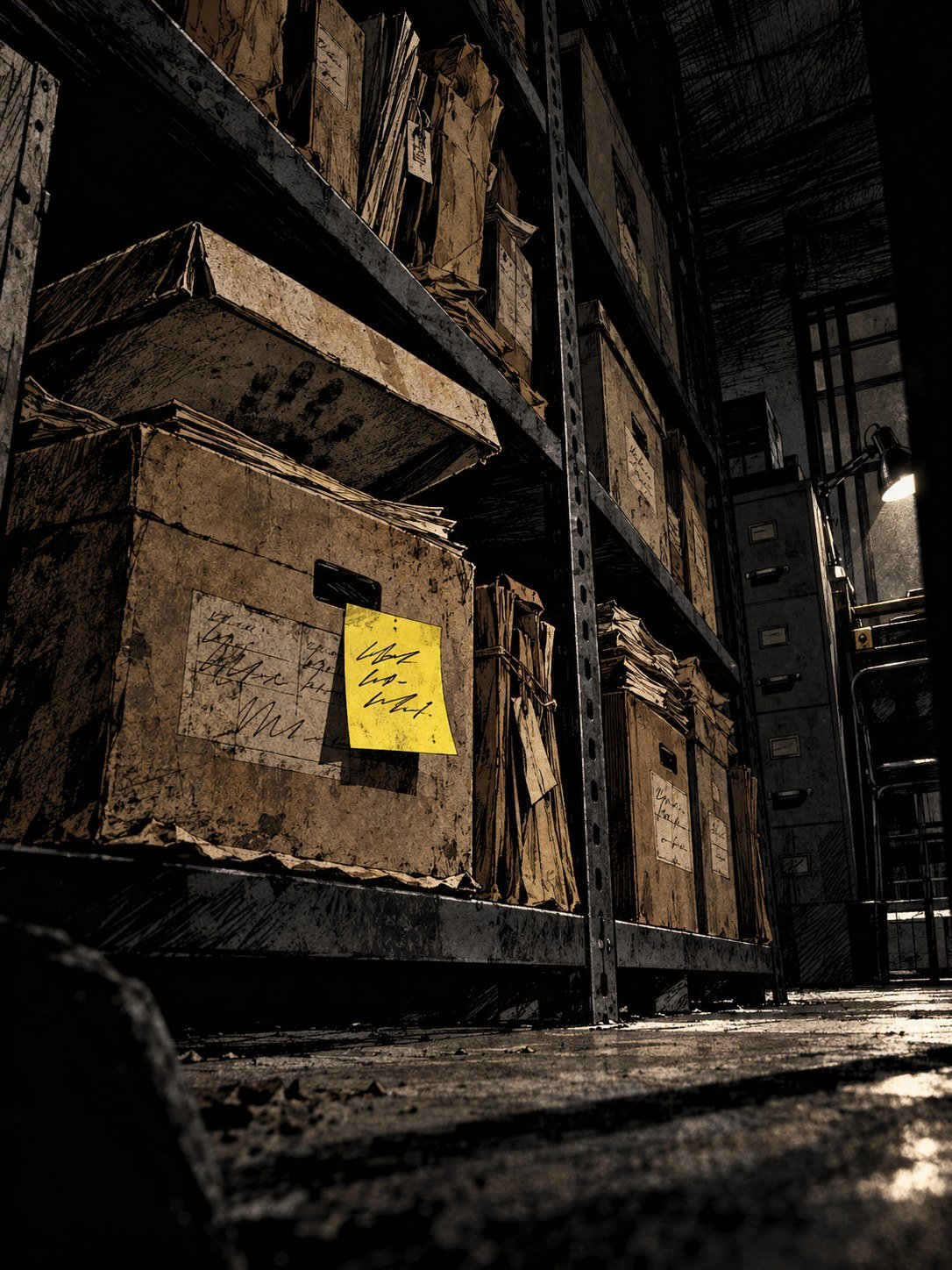 A sheriff's evidence room: rows of brown paper envelopes and cardboard boxes aging through decades, the oldest at the bottom yellowed and curled