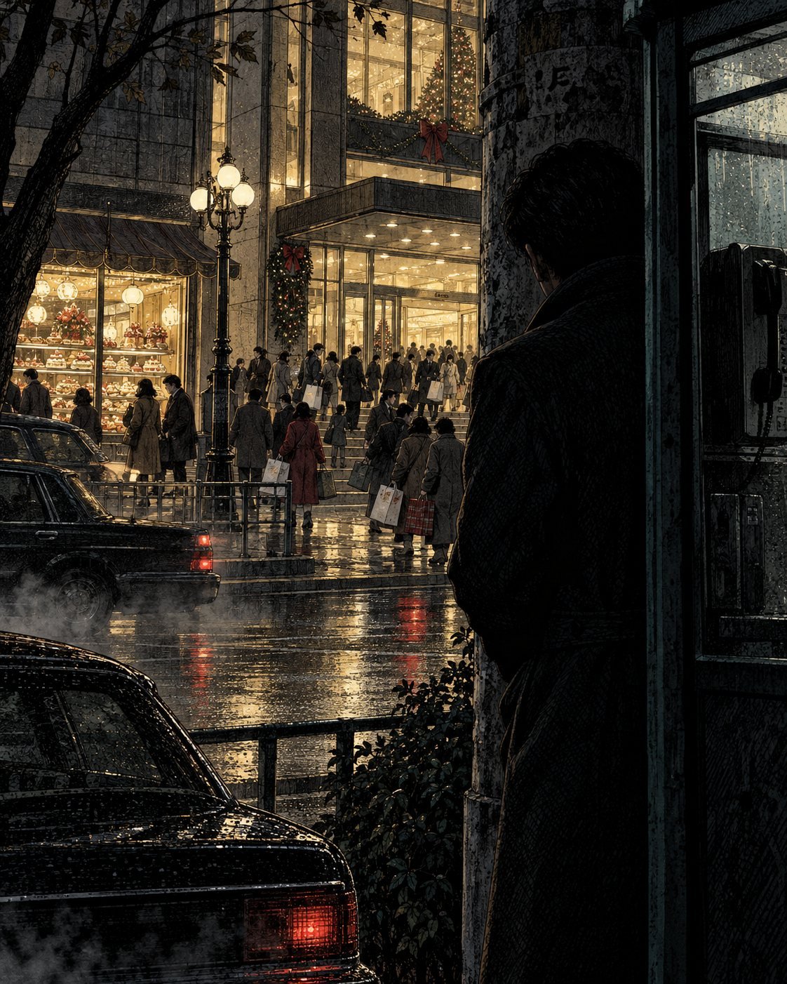 A man in a dark coat watches a busy department store entrance from behind a pillar at night