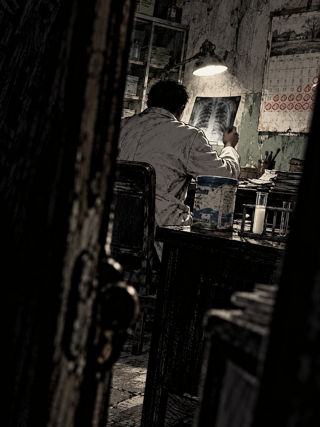 Through a half-open door, a doctor studies an X-ray under a lamp beside a formula tin and a test tube