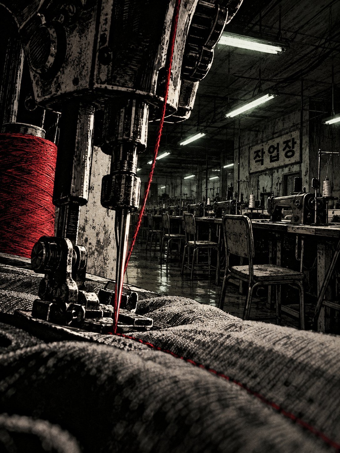 A sewing machine needle and red thread in an empty factory workshop under fluorescent lights