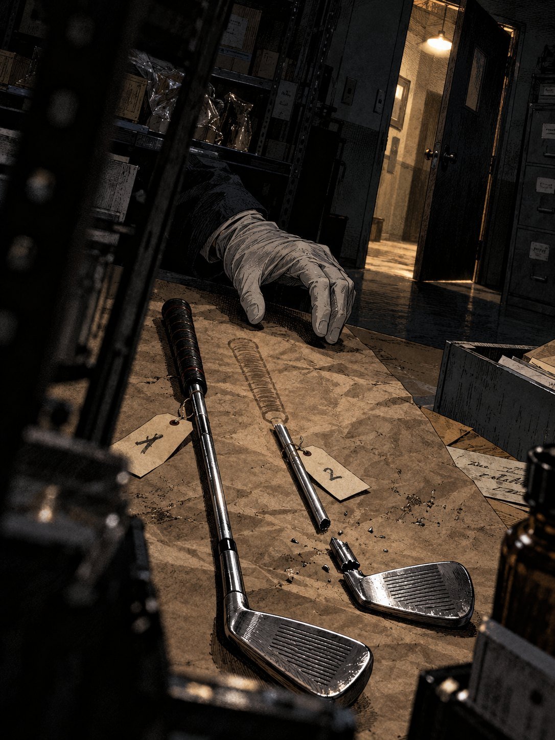 A 1970s police evidence table: a 1970s steel golf six-iron with a worn leather grip laid out in broken pieces on brown paper, a numbered tag beside it, a second, unbroken club from