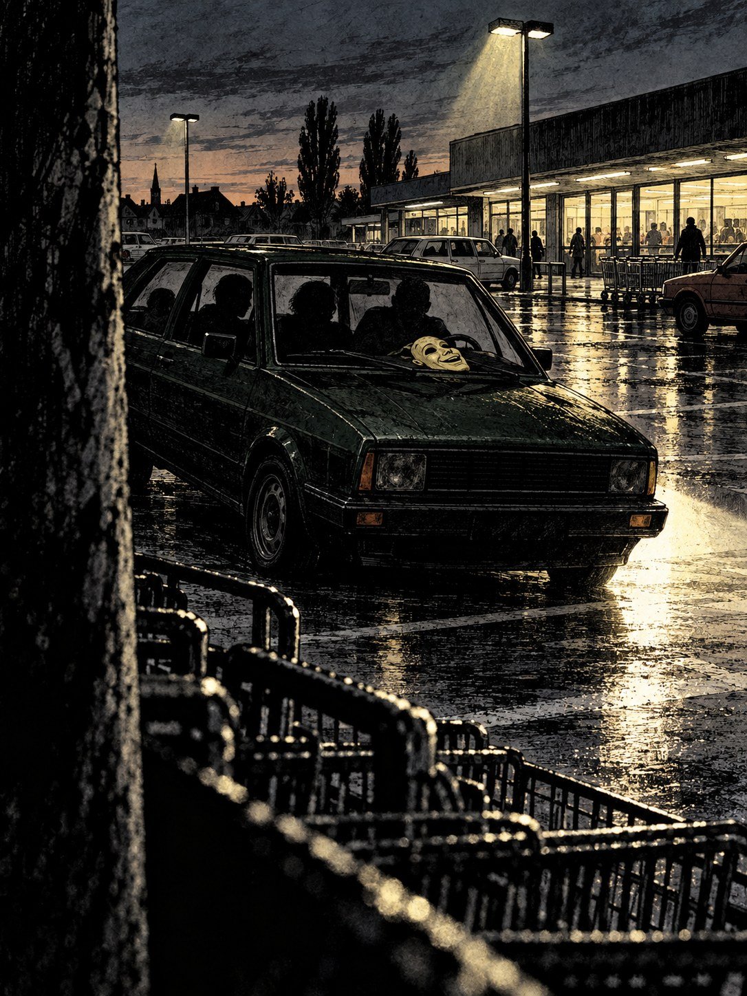 A dark Golf hatchback with a smiling mask on the dashboard in a supermarket car park at dusk