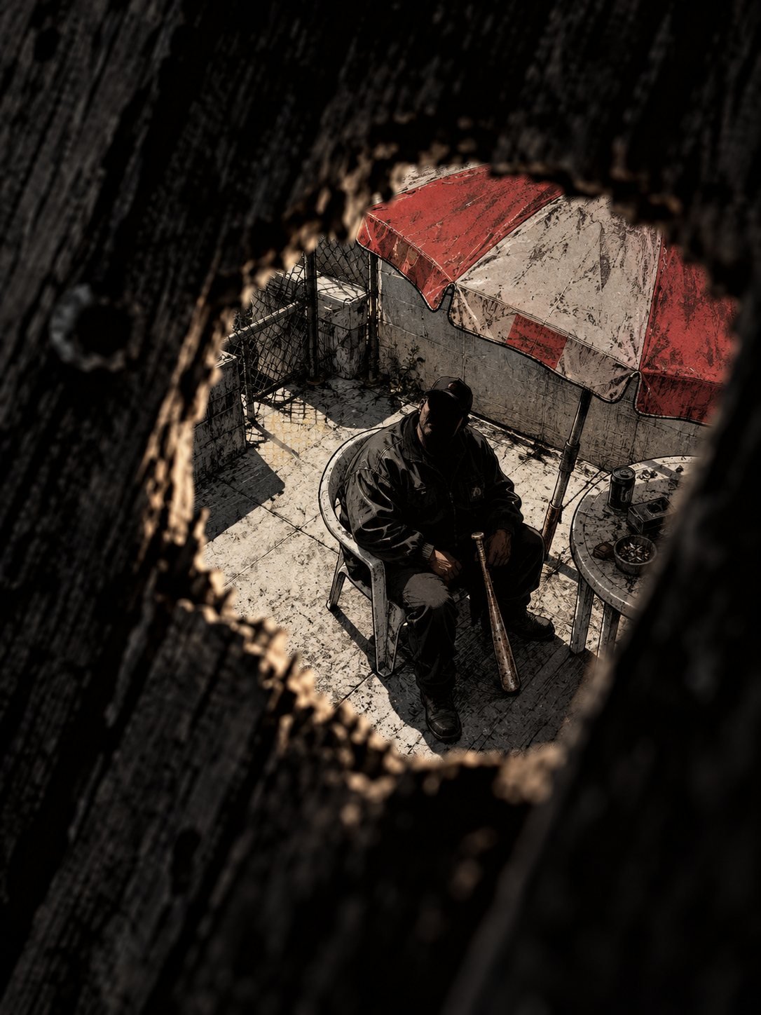 Through a nail hole in a boarded window, a guard with a baseball bat sits under a beach umbrella
