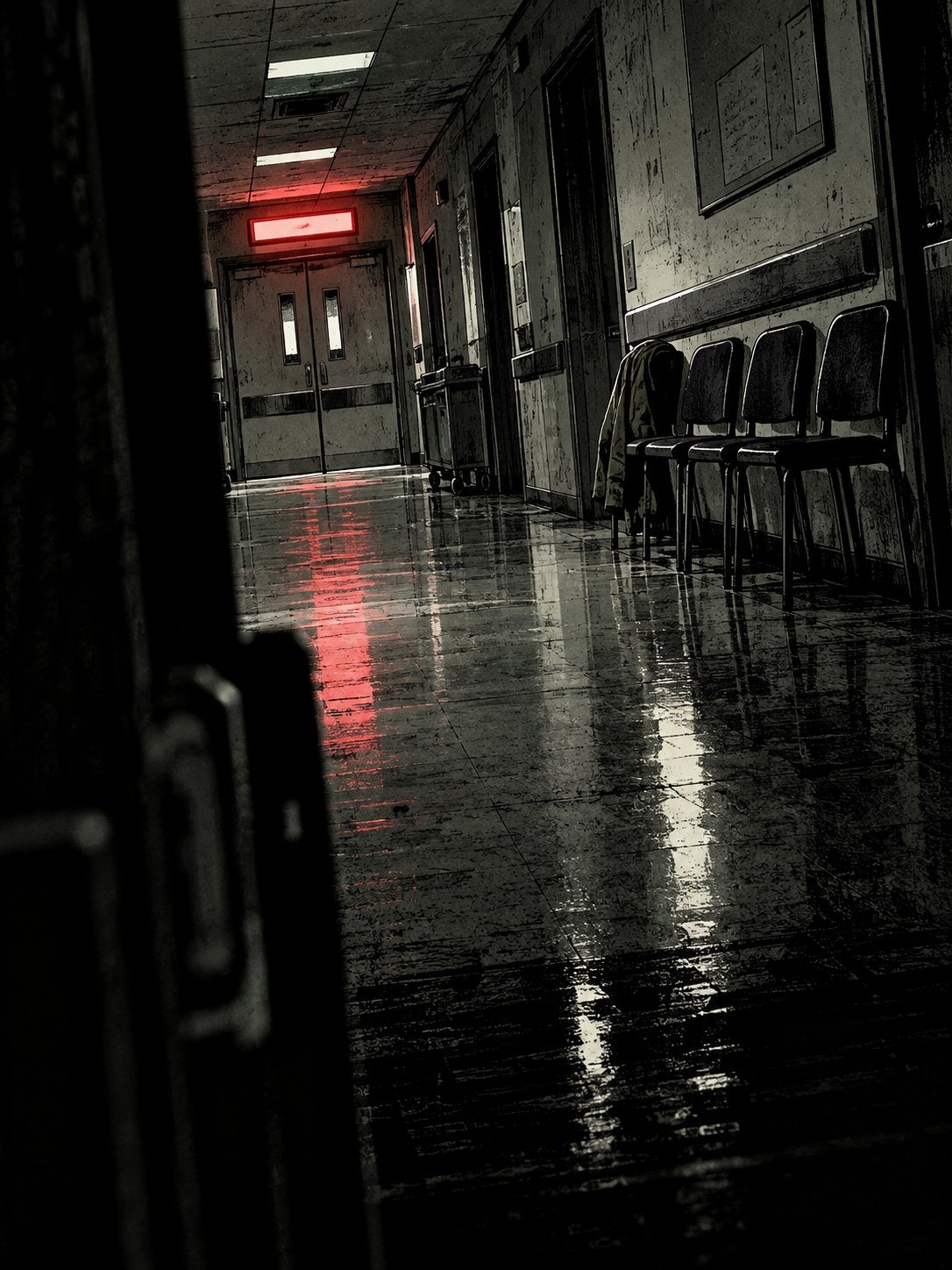 An empty hospital corridor at night with a red glowing sign over double doors and four chairs along the wall