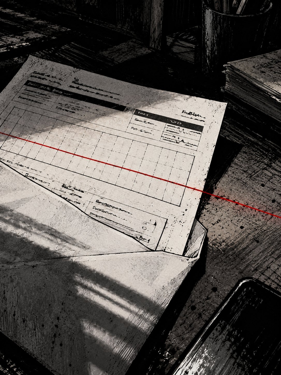 A lab report sliding out of a white envelope on a desk, a DNA chart printed on it with a flat line where peaks should be