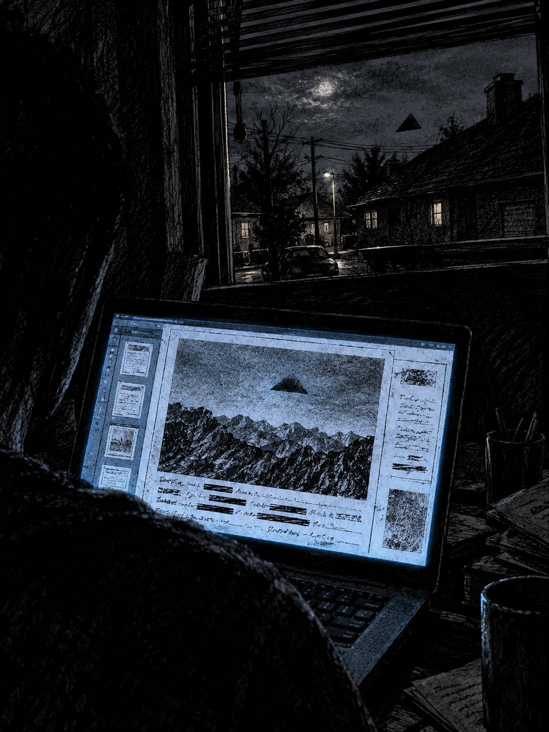 A laptop in a dark bedroom at night, a scanned black-and-white document image on screen, its text illegible. Behind the laptop, a window shows a quiet suburban street