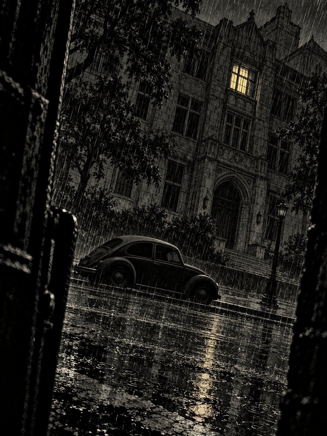 An old law school building at night in the rain with one lit window and a Volkswagen Beetle parked at the curb
