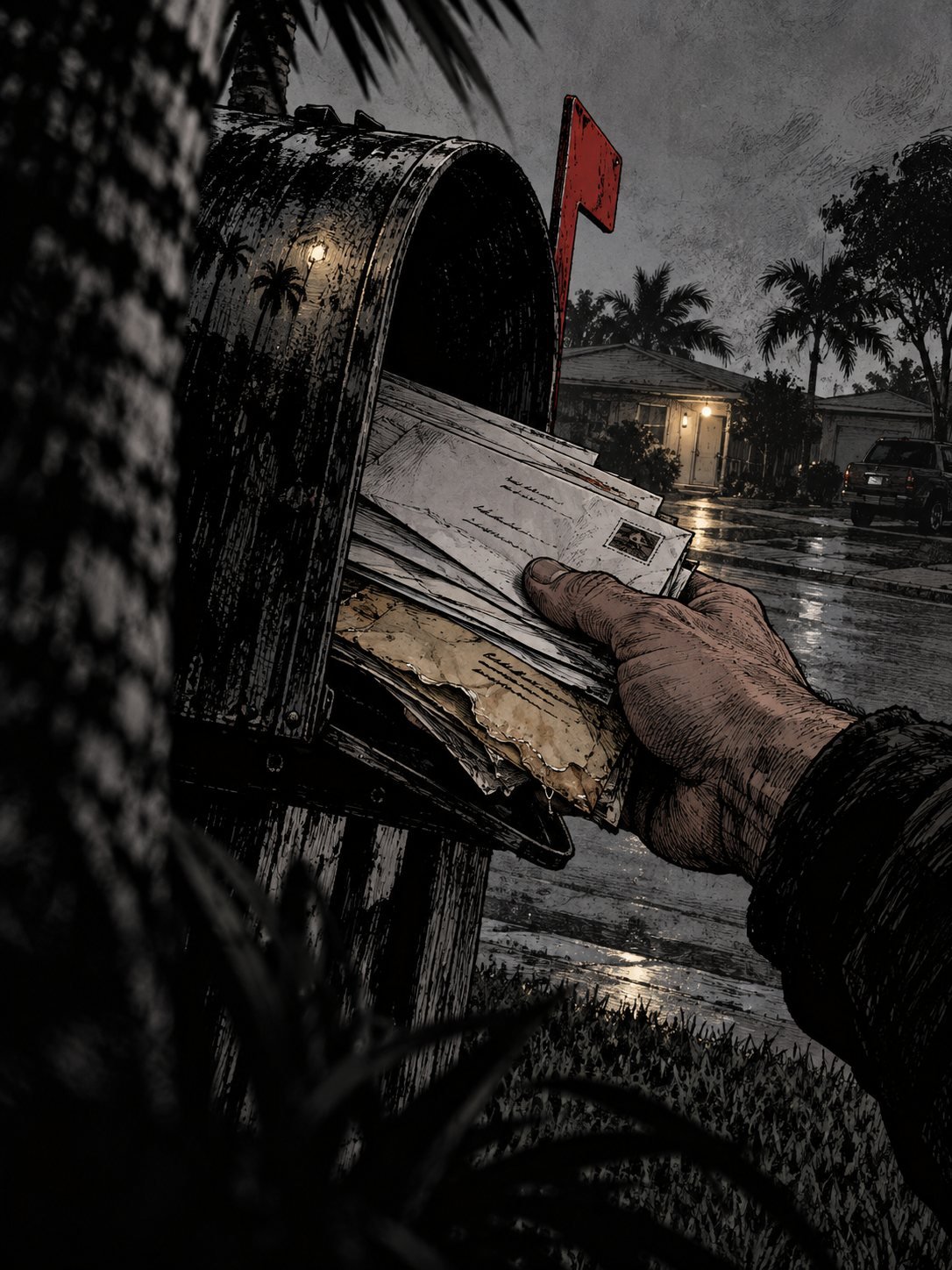 A hand pulls a bundle of bills from a dead man's mailbox at dawn