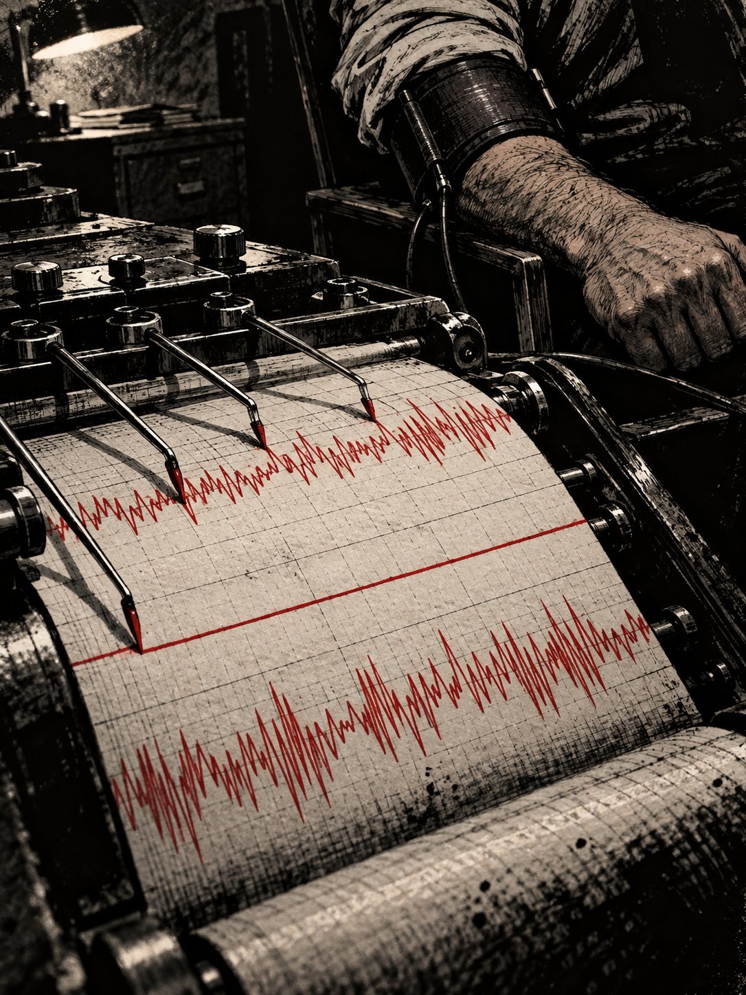 The needles of an old polygraph machine scratching ink lines across a moving paper roll, a man's arm with a blood-pressure cuff resting on the chair arm at the edge of the frame