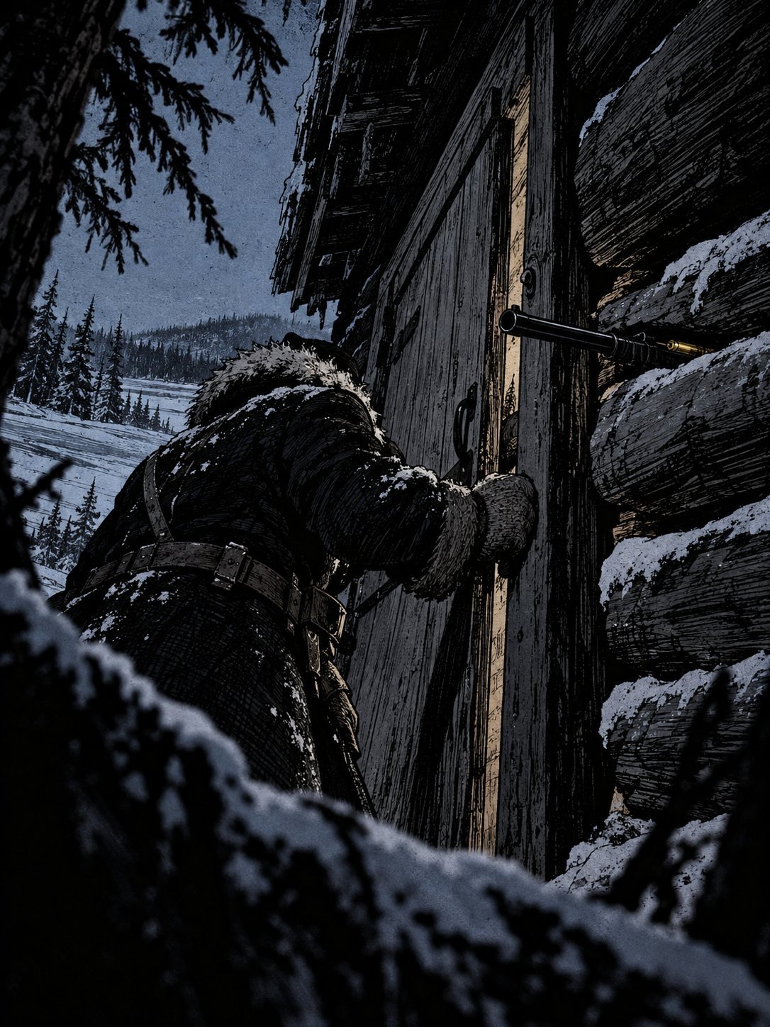 A Mountie pushes at a cabin door as a rifle barrel pokes out between the logs beside him