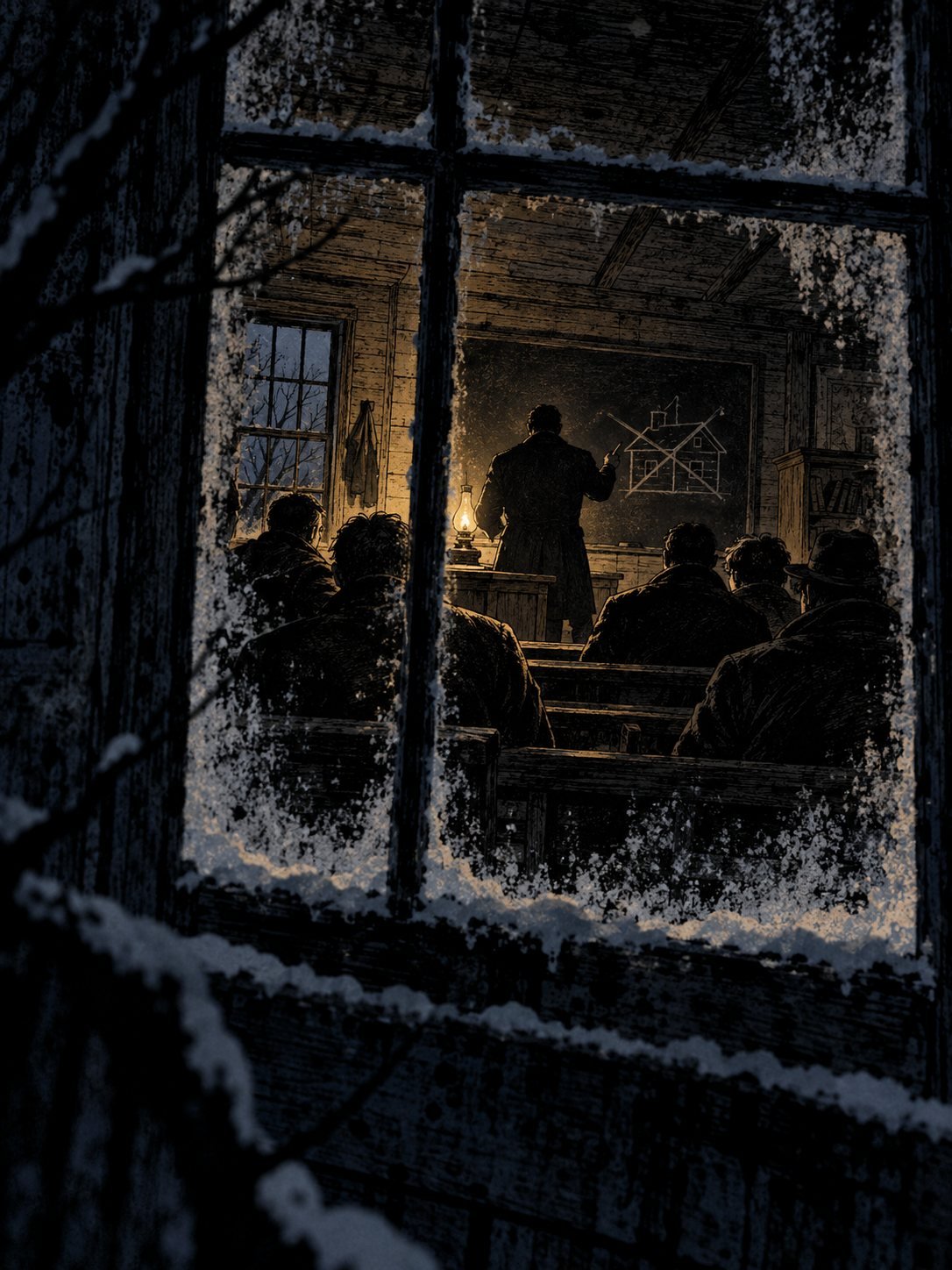 Through a frosted window, men on school benches listen to a man beside a chalk house drawn on the blackboard
