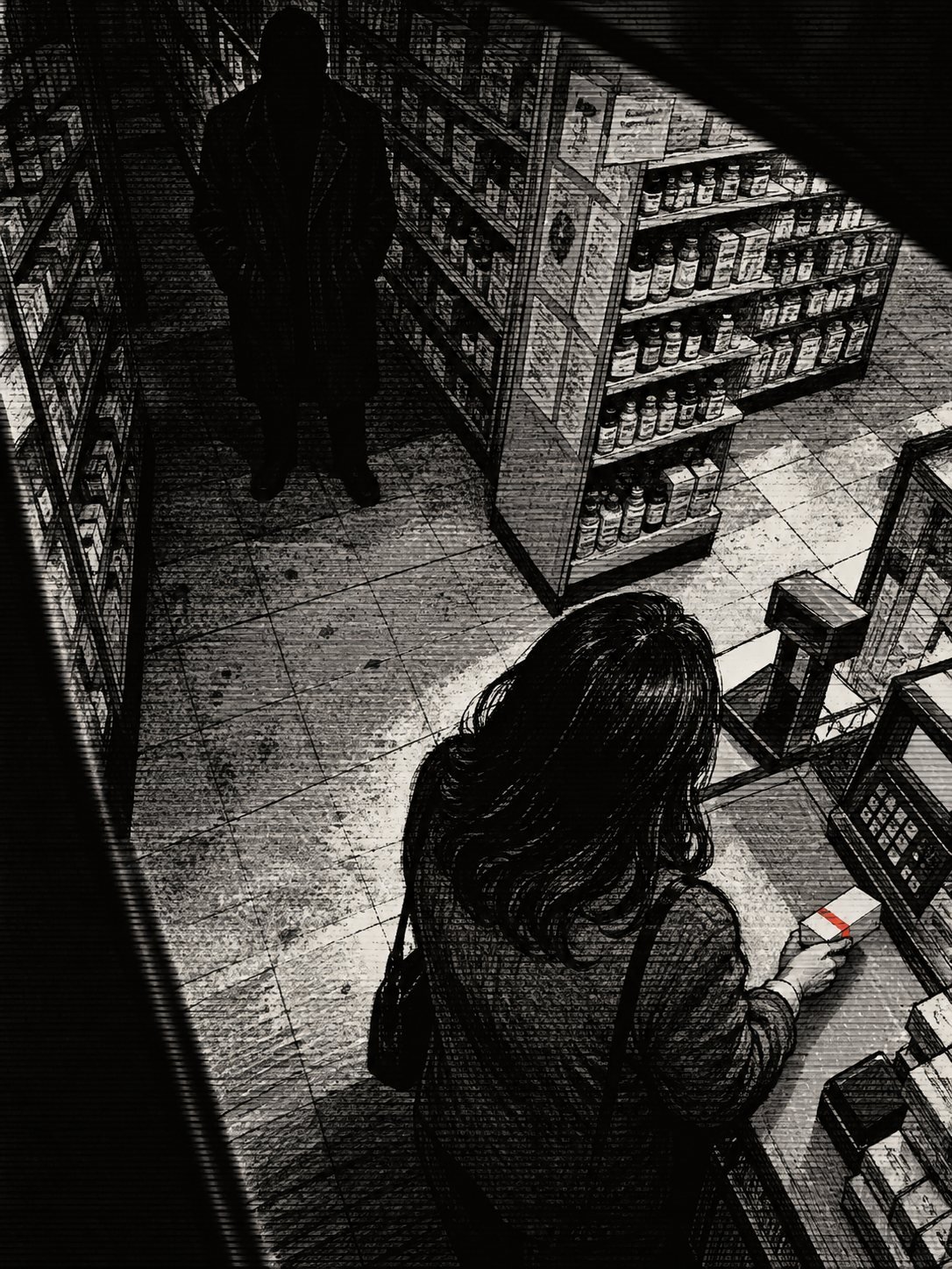 A grainy black-and-white security camera frame of a drugstore checkout. A woman with dark hair, seen from above and behind, hands over a small pill box