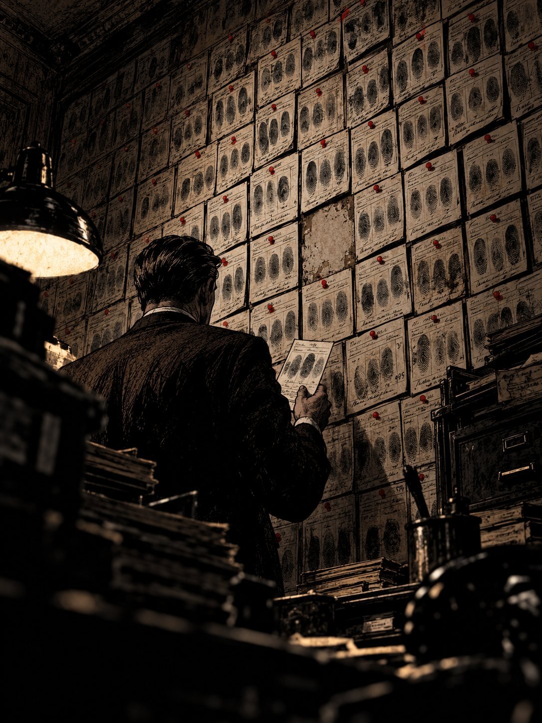 A 1960s incident room wall covered floor to ceiling in thousands of fingerprint cards, a detective in a suit seen from behind, dwarfed by it, one card in his hand