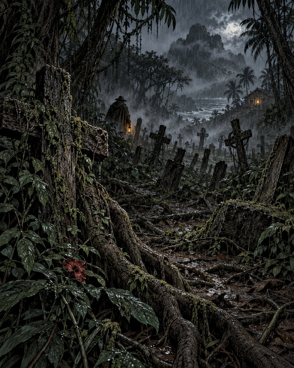 Rotting wooden grave markers lean in the mud of a rainy jungle clearing