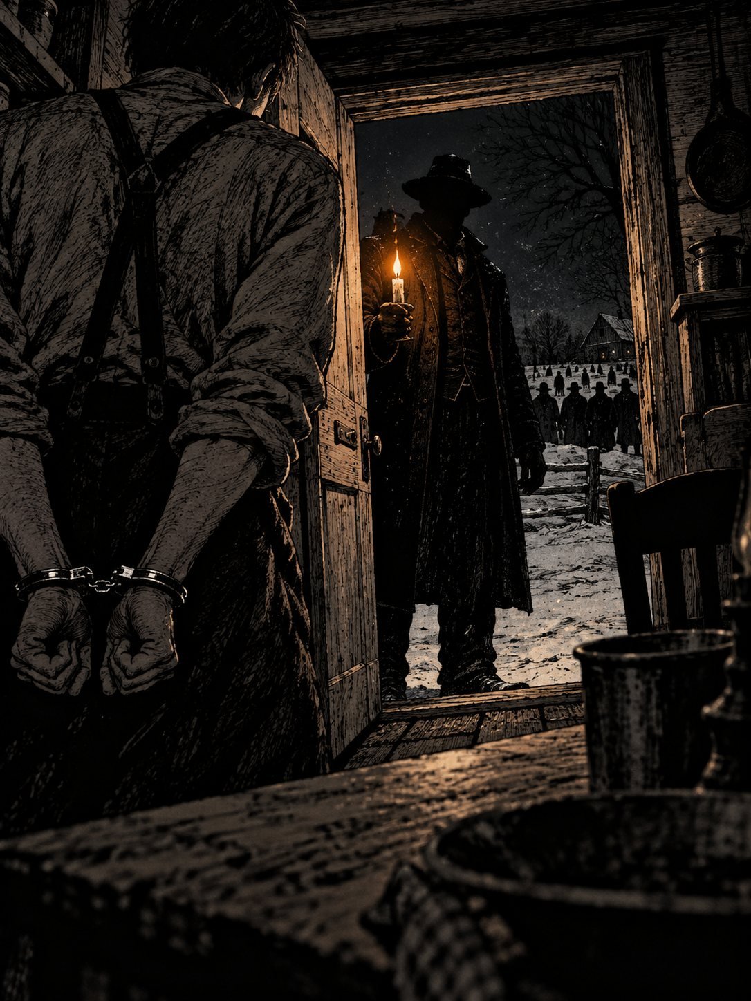 A man with a candle stands in a farmhouse doorway as a handcuffed young man waits inside and figures gather in the snow