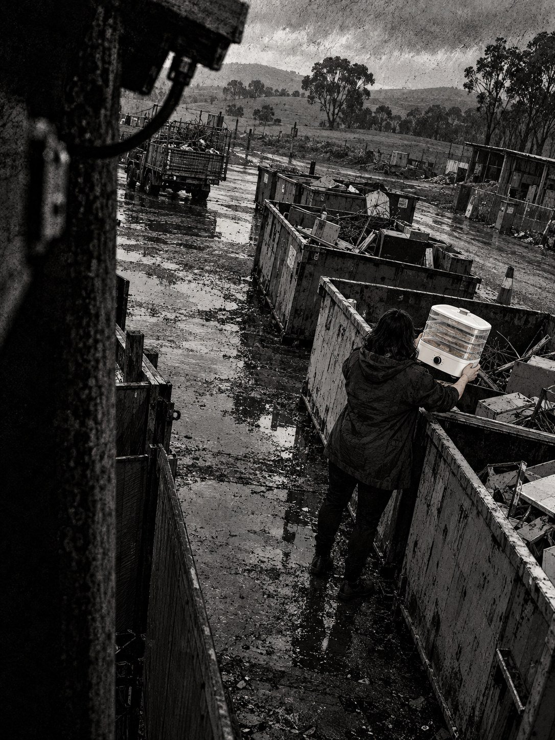 A woman seen from behind lifting a white food dehydrator into a skip bin at a rainy country tip