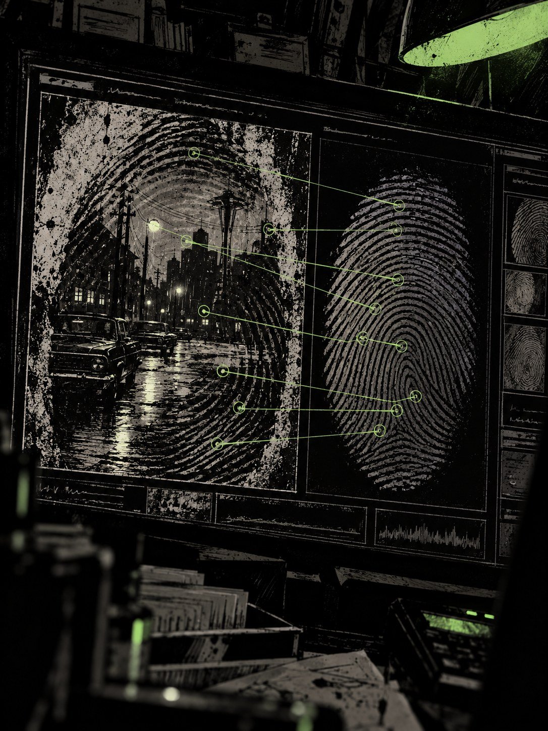 A modern fingerprint comparison screen in a dark lab: two magnified fingerprints side by side, ridge points marked and joined by thin lines