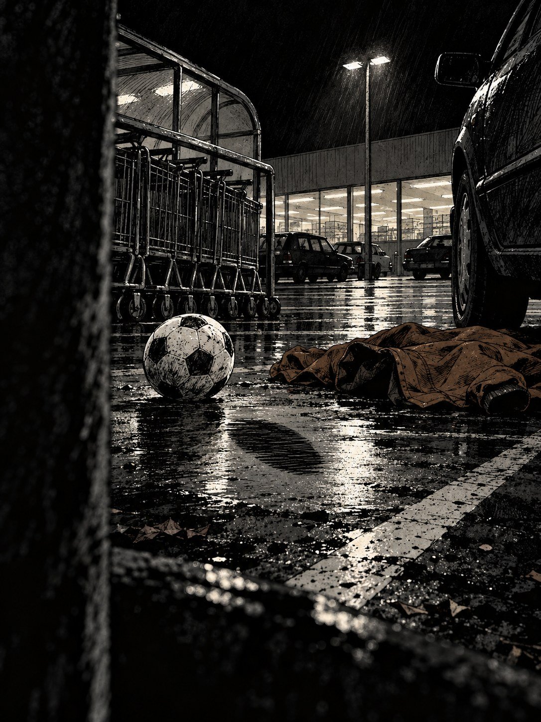 A child's football and a dropped jacket by a row of trolleys in the rain