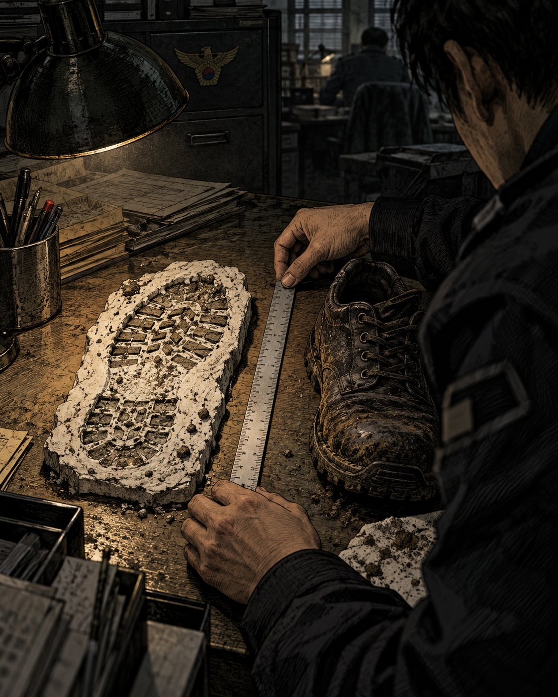 A detective measures a plaster footprint cast next to a worn work shoe with a ruler