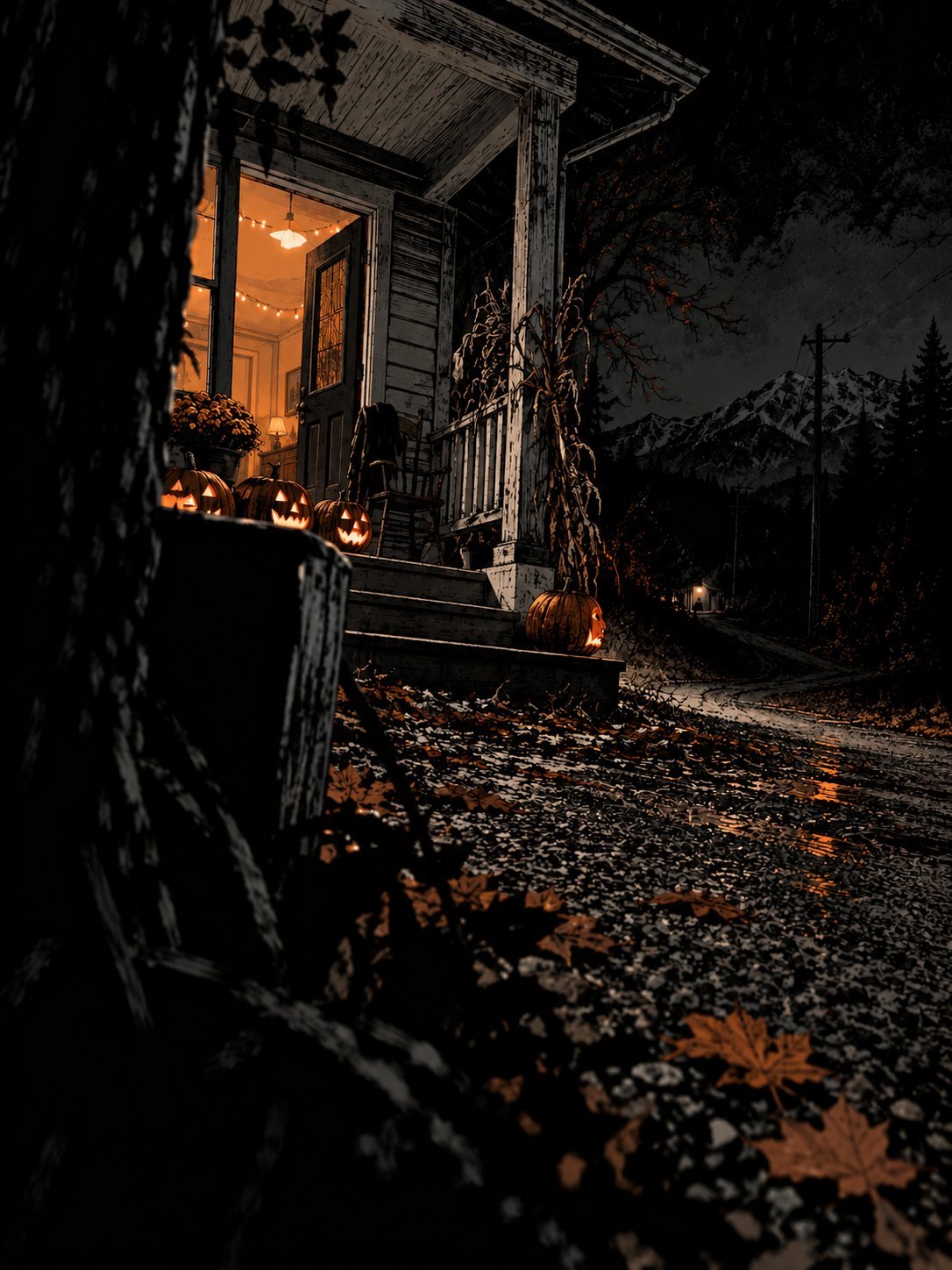 A farmhouse porch on Halloween night with carved jack-o'-lanterns and party light spilling onto a gravel road