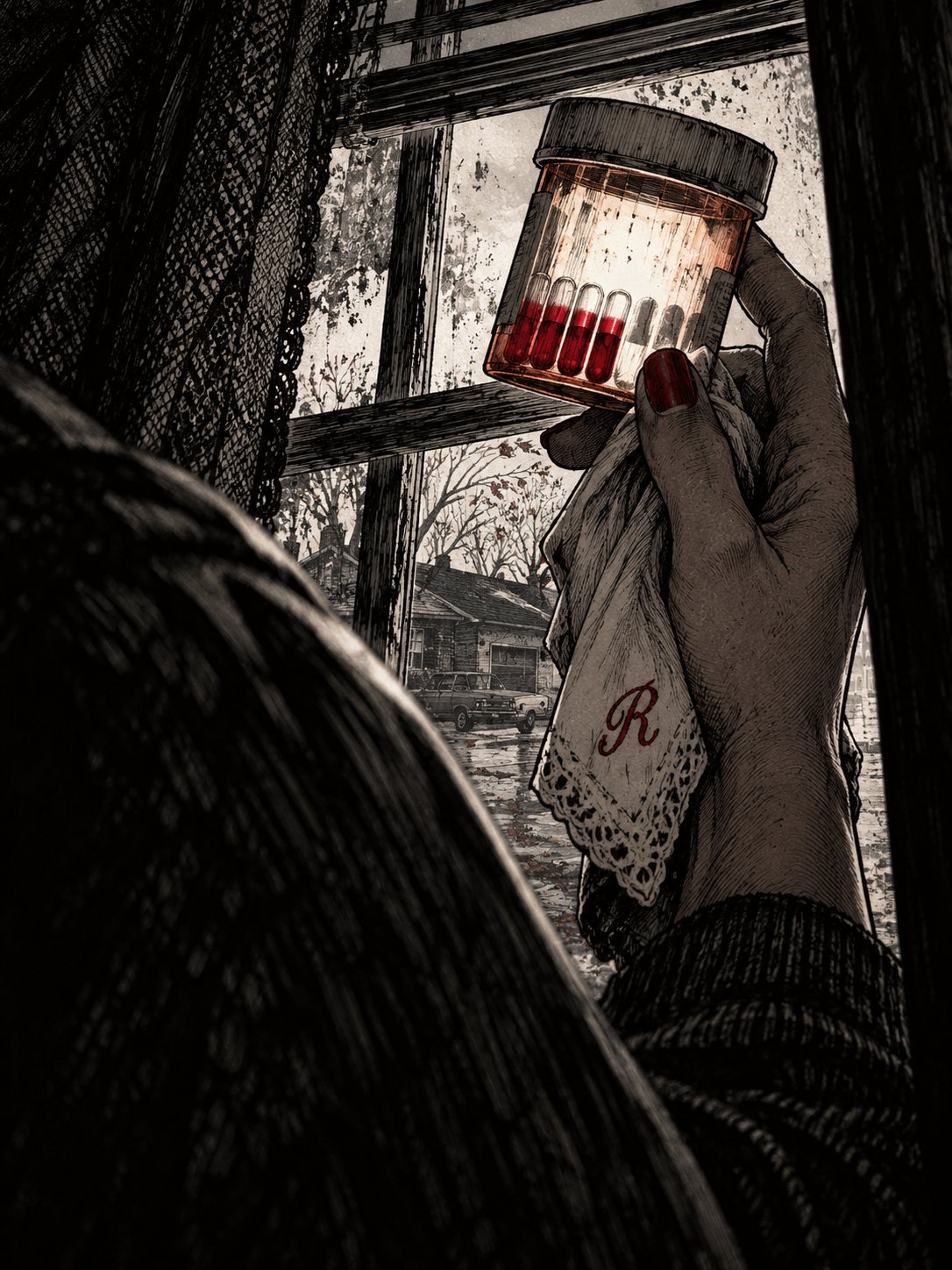 A woman's hand, wrapped in a handkerchief, holds a pill bottle up against a bright window. Light shines through the translucent plastic, and inside, six empty gaps in the row of ca