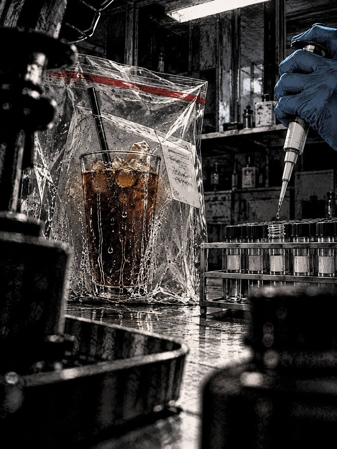 Gloved hand pipetting beside an iced coffee sealed in an evidence bag