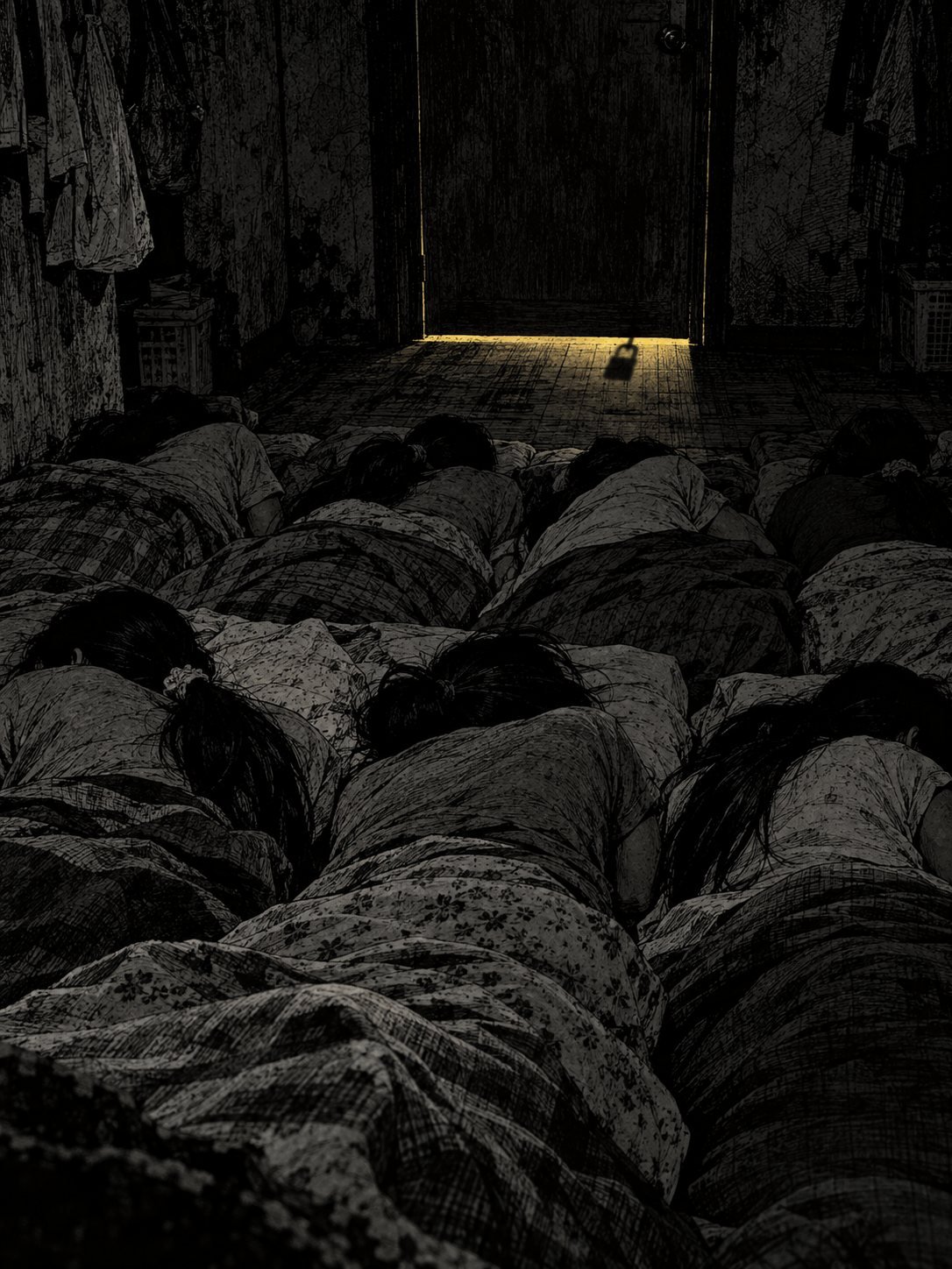 Women sleep packed on the floor of a bare room as a padlock shadow swings under the door