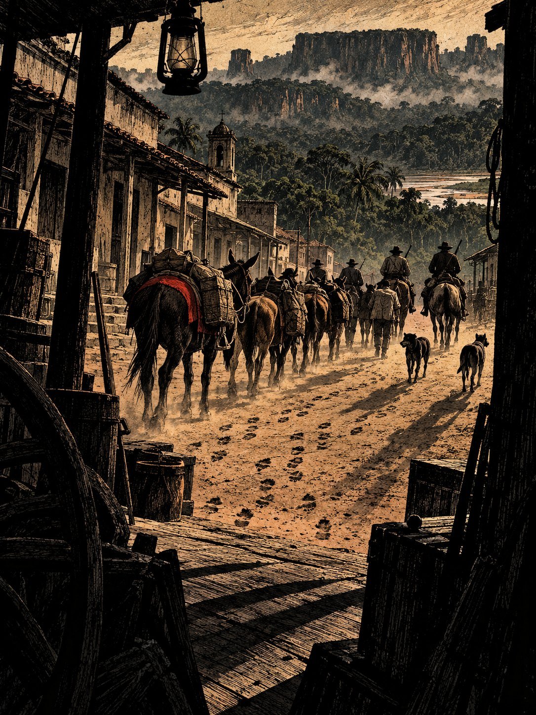 A mule train with packs leaving a dusty frontier town toward the jungle