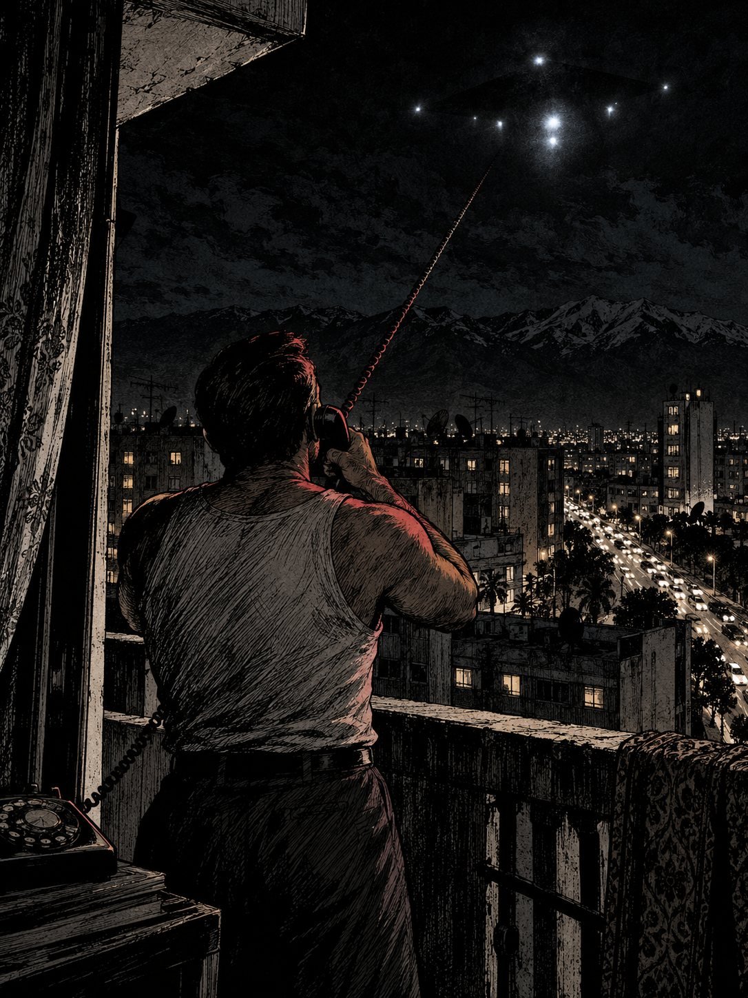 A 1970s Tehran balcony at night. An officer in an undershirt, seen only from behind, holds a phone receiver with a long coiled cord stretched from inside, staring up at the sky