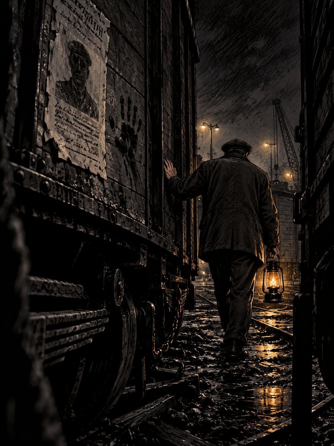 Night at a railway goods yard in 1967. A man in a donkey jacket and flat cap walks away between freight wagons with a lantern, seen from behind