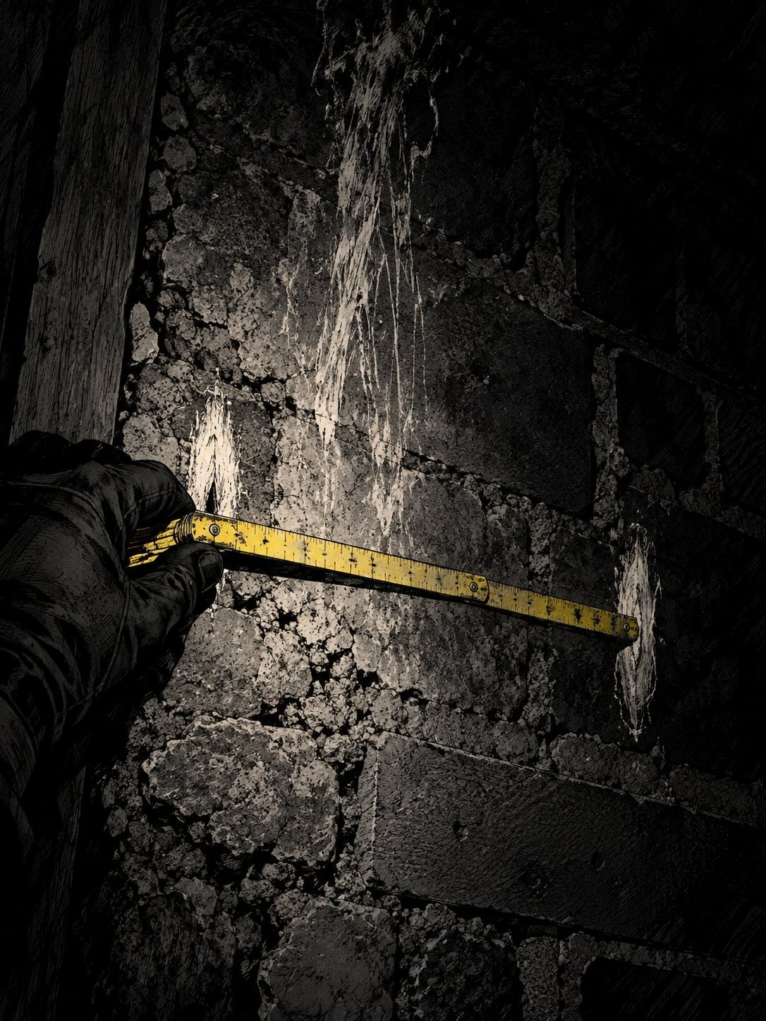 A gloved hand holds a folding ruler against a rough stone-and-brick wall, measuring between two pale scrape marks. The marks are far apart