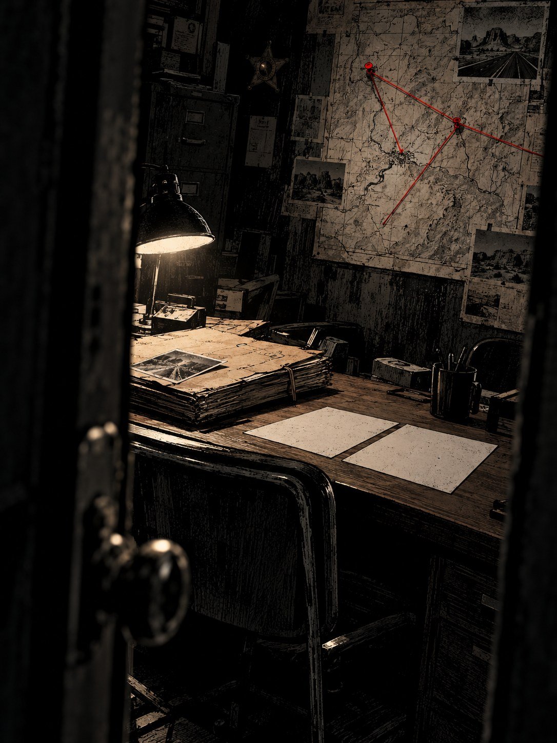 A rural Arizona sheriff's office at night: a desk with a thick case file, a wall map of the desert with pins, two blank sheets of paper side by side