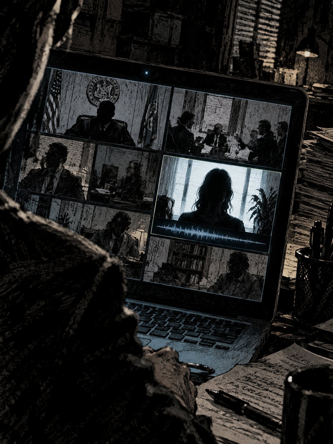 A video court hearing on a laptop in a dim office: a grid of video tiles, a judge's tile, and one tile showing a woman's silhouette against a bright window, her face lost in backli