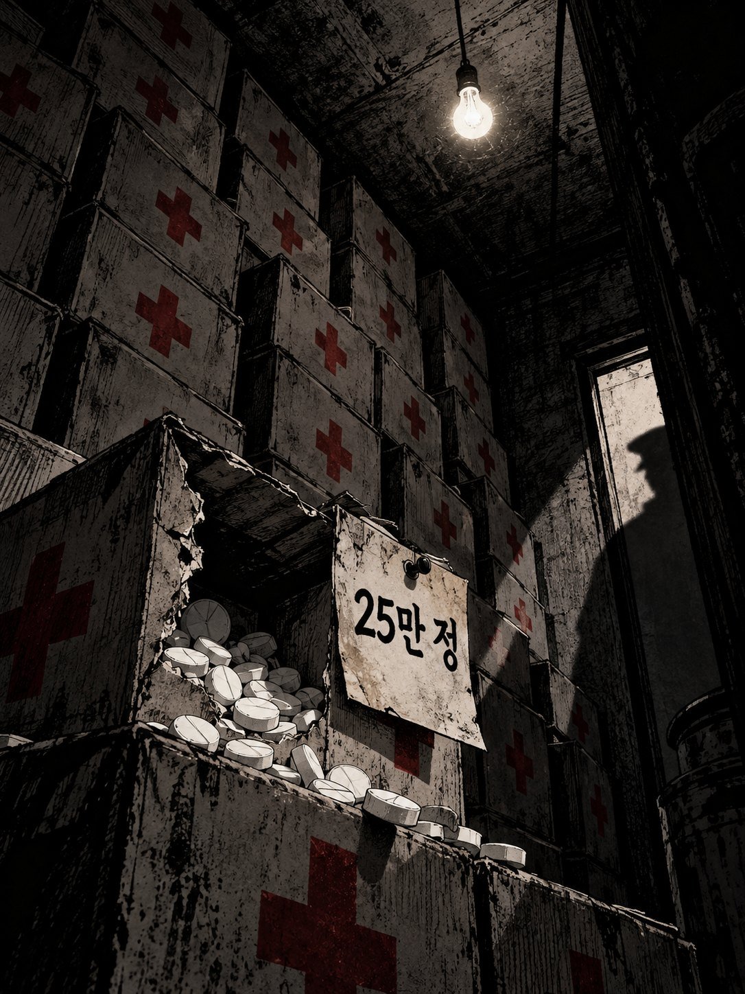A storeroom wall of stacked pill boxes, one torn open with white tablets spilling out