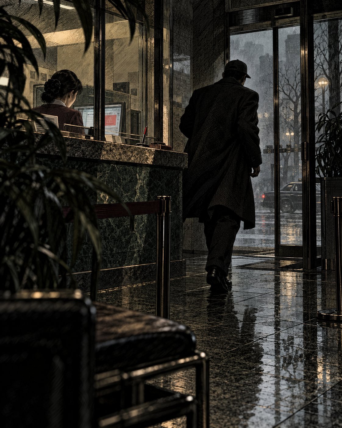 A man in a coat and cap hurries out of a bank lobby into the rain as a teller looks at an alert on her screen