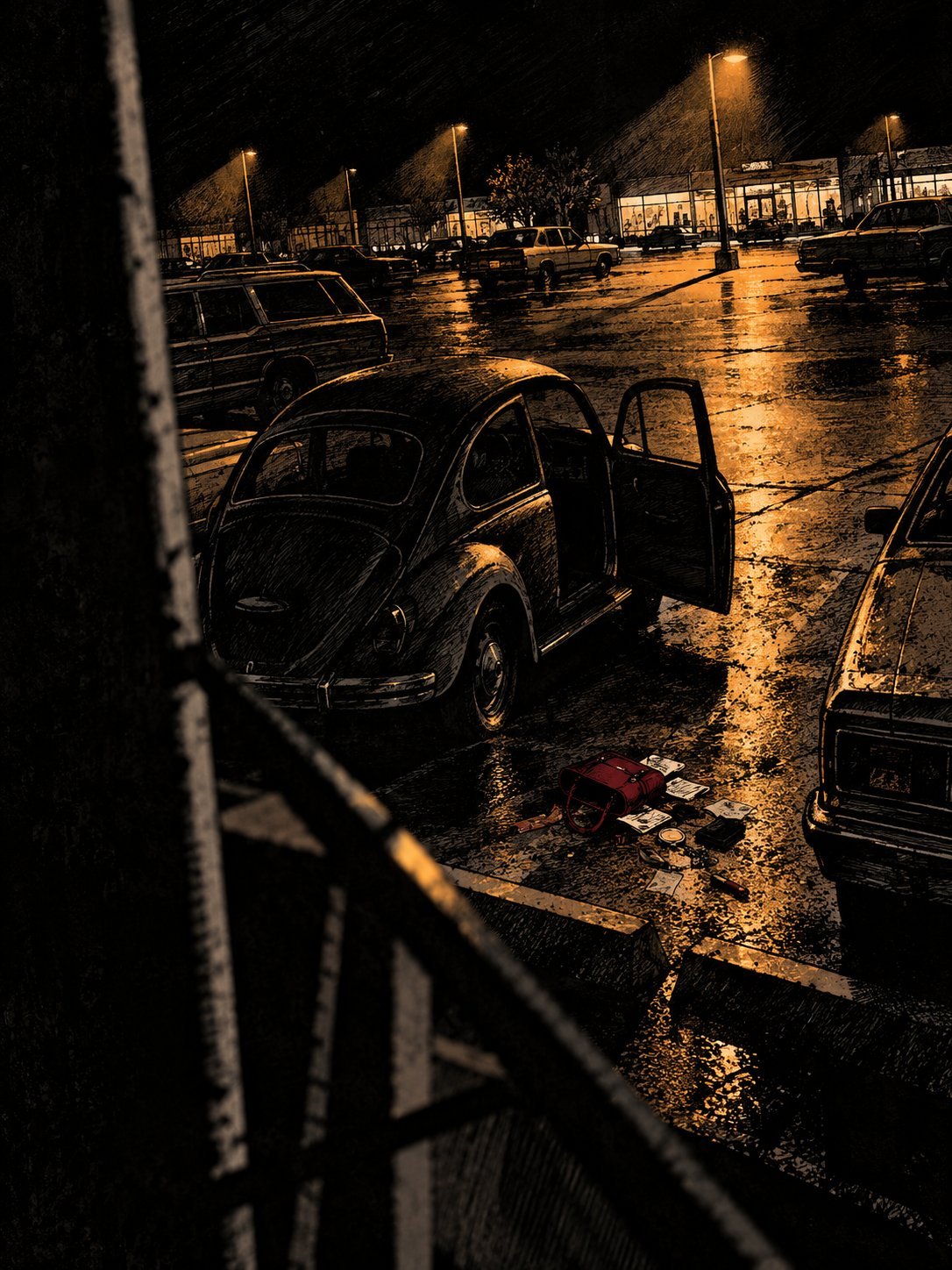 A Volkswagen Beetle with its door open in a wet shopping center parking lot at night, a purse spilled on the asphalt