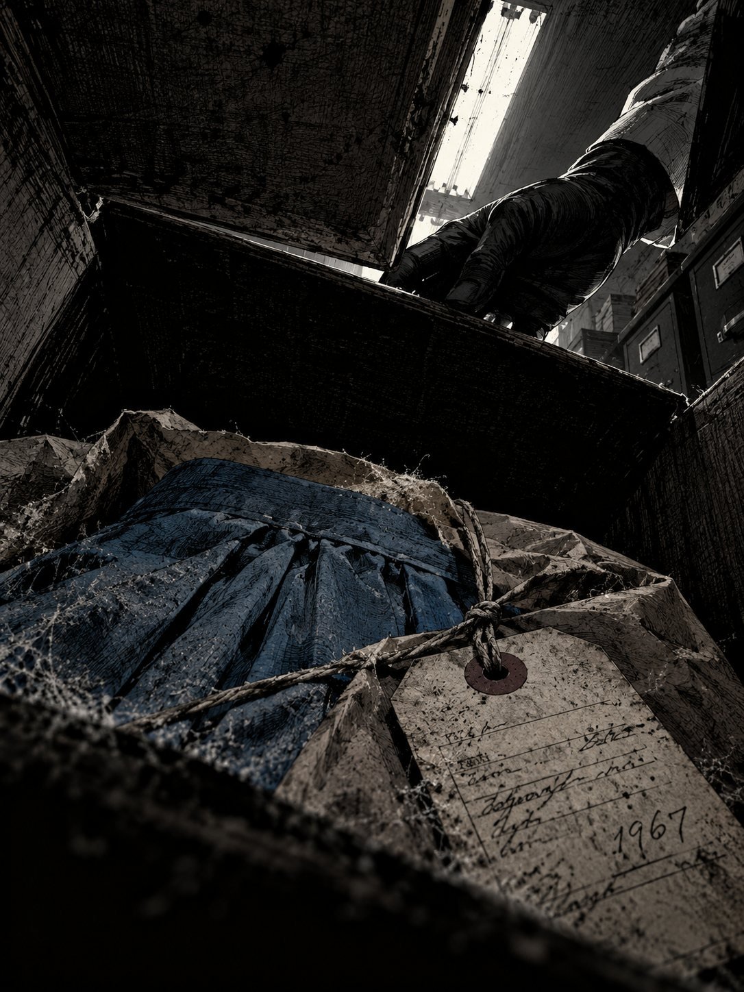 From inside an old cardboard evidence box as the lid is lifted: a sliver of fluorescent light, a gloved hand, and in the foreground, folded in the box, a faded blue skirt in a pape