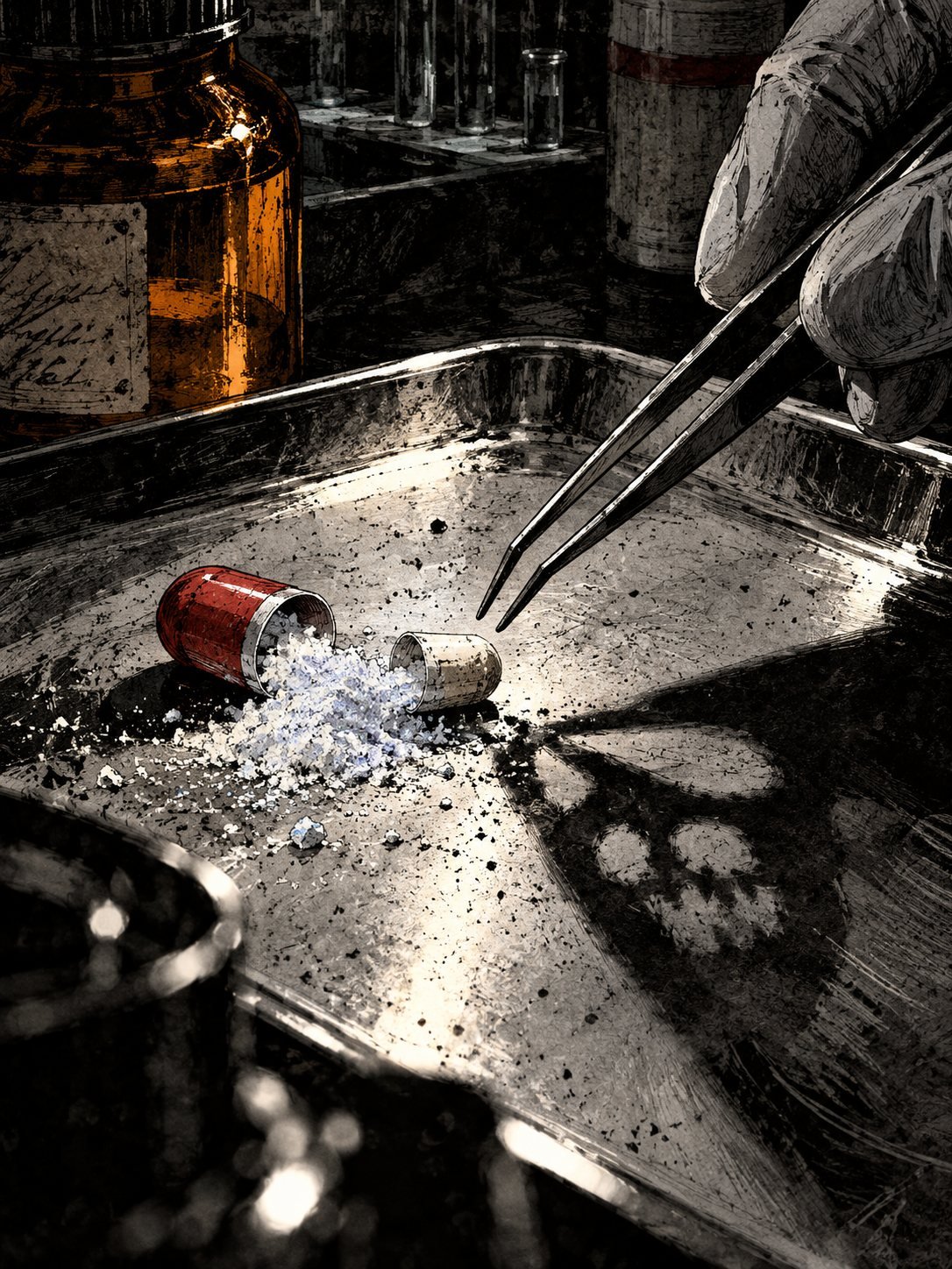 A single capsule split open on a steel lab tray under a harsh lamp, its white powder heaped out. A pair of tweezers hovers over it