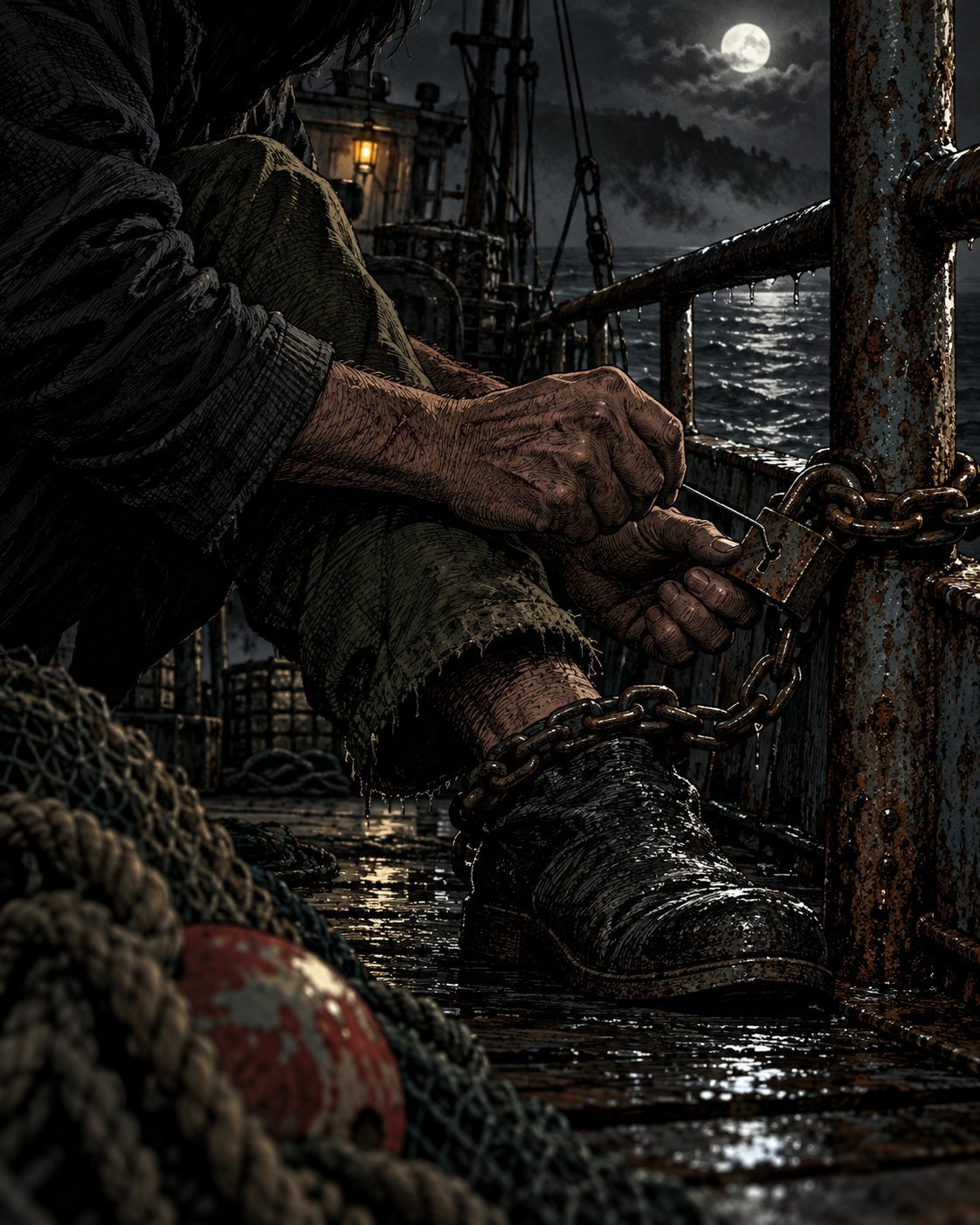 A man's hands work a thin piece of metal into a padlock chaining his ankle to a ship's rail under moonlight