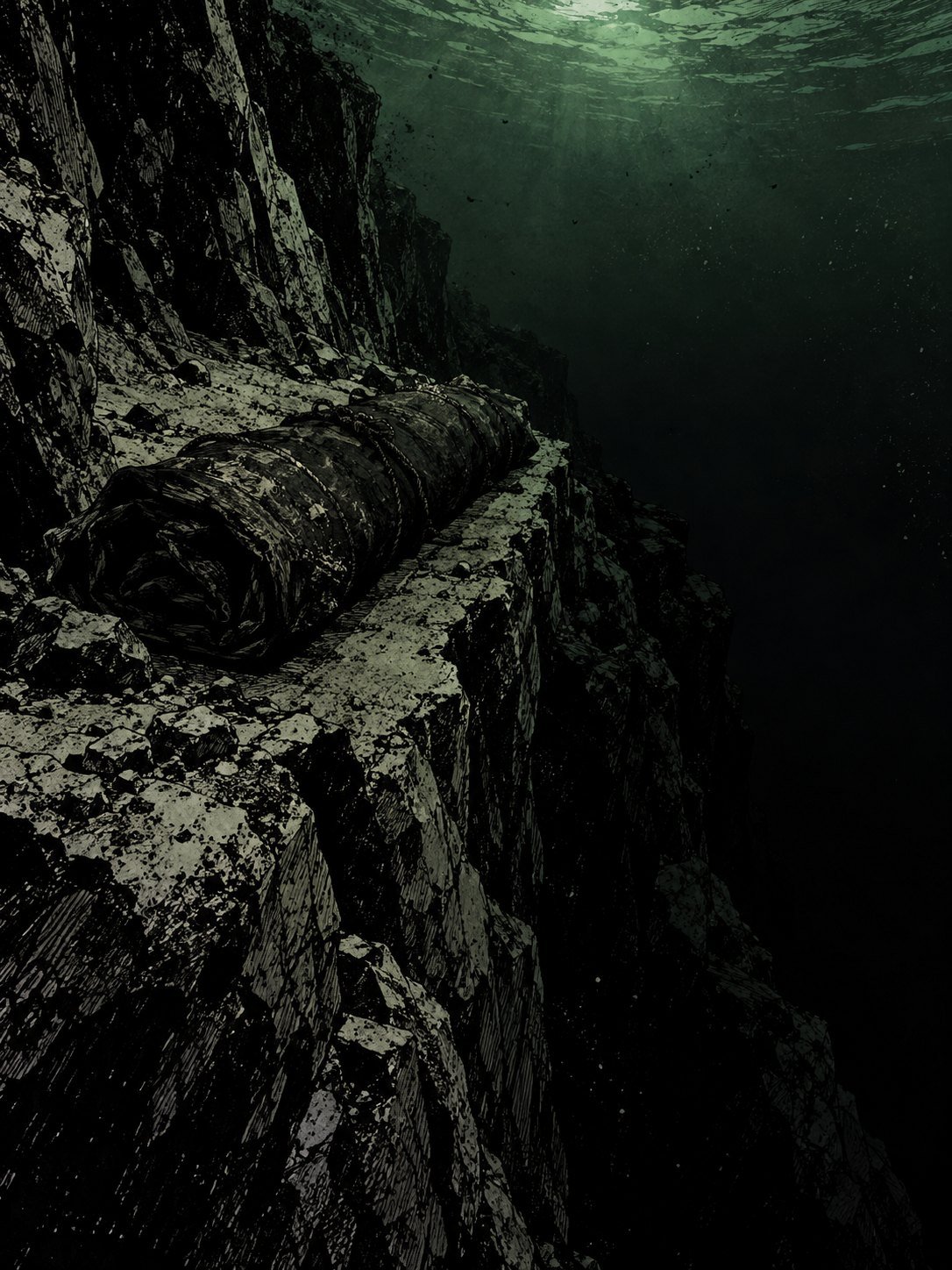 Underwater in Wast Water: a narrow rock ledge on a steep underwater cliff, green light fading from above, the cliff dropping away into total black below. A dark rolled bundle rests