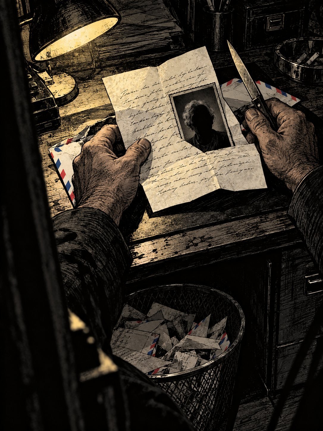 Hands slit open an airmail letter under a lamp beside a wastebasket full of opened mail