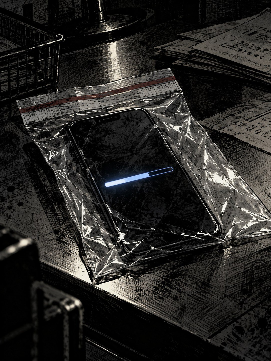 A smartphone sealed in a police evidence bag on a steel desk with a progress bar on its screen