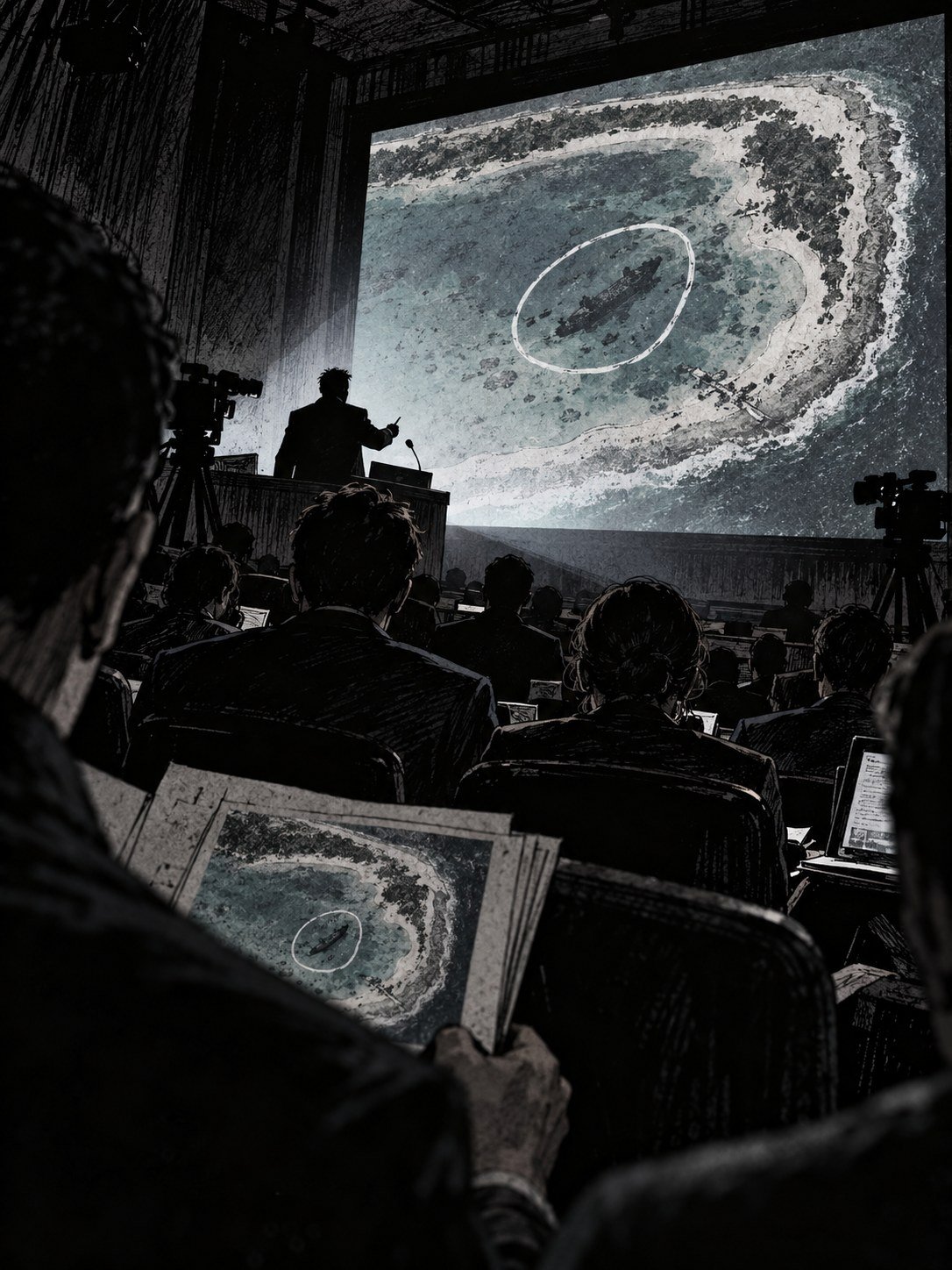 A university press event: a screen showing an aerial photo of a lagoon with a dark shape circled, a silhouetted speaker at a podium, rows of reporters from behind