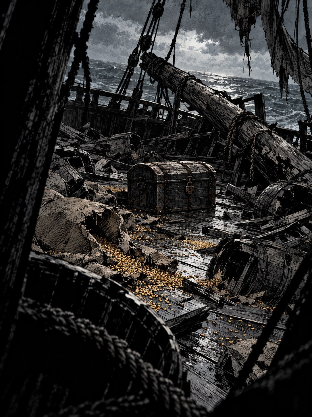 The deck of a small raided ship with smashed barrels, spilled grain and a broken mast