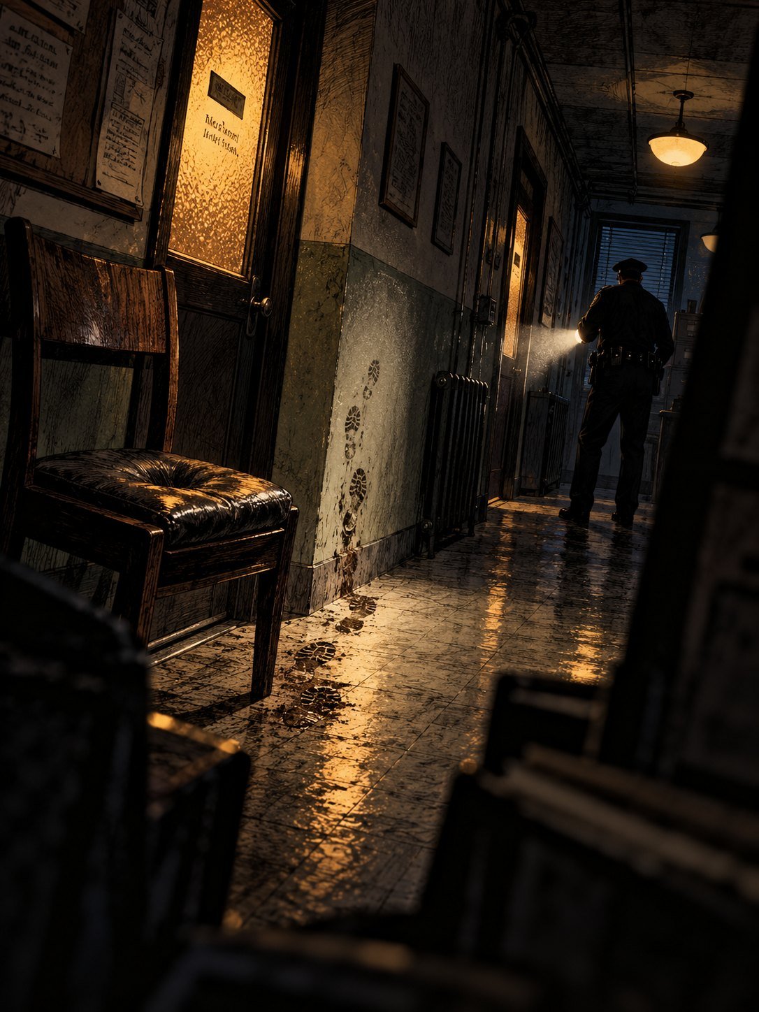 A dim corridor in a 1970s police station at night, a single office door with frosted glass, a desk lamp glowing behind it, a stack of interview files. A tall teenage-boy-shaped sil