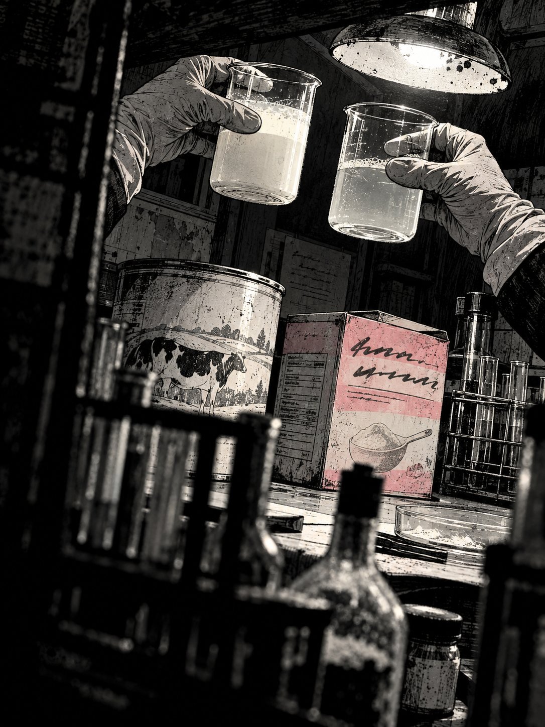Gloved hands hold up two beakers, one thick white milk and one almost clear liquid, beside formula boxes